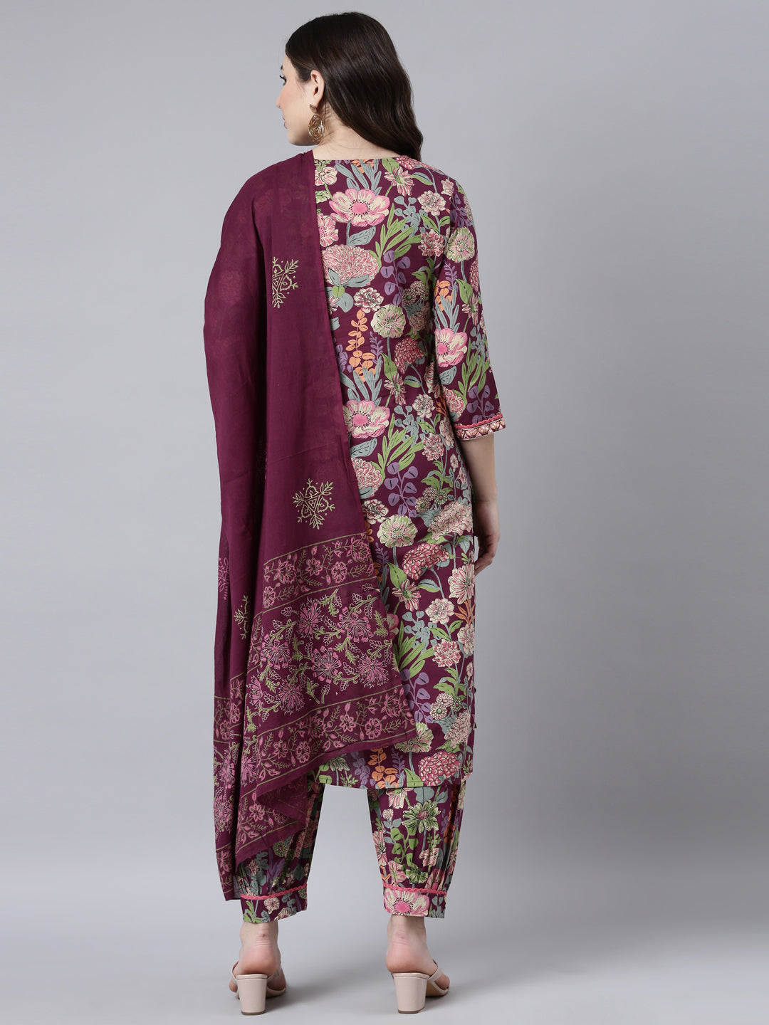 Neerus Purple Regular Straight Floral Kurta And Salwar With Dupatta