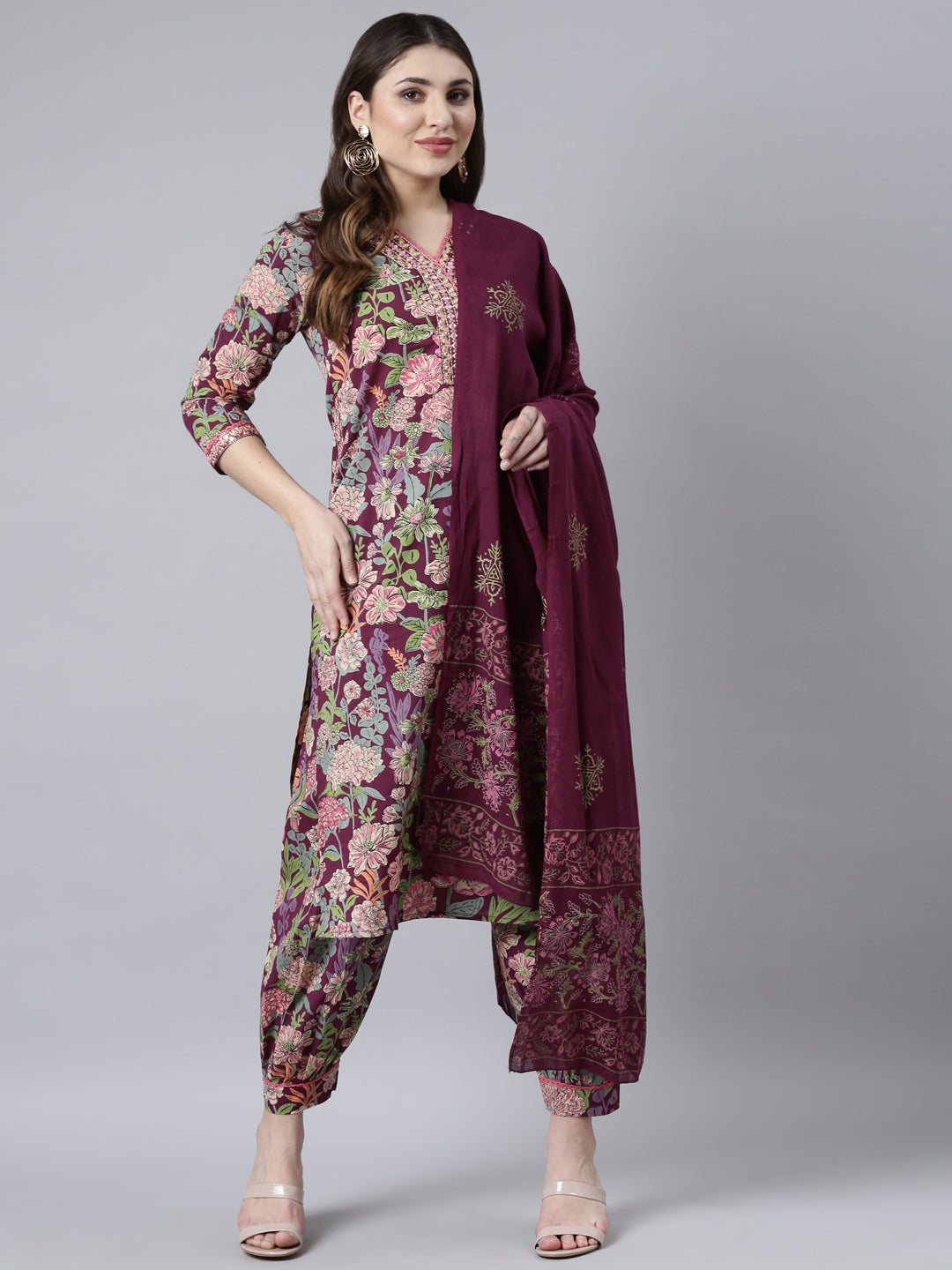 Neerus Purple Regular Straight Floral Kurta And Salwar With Dupatta