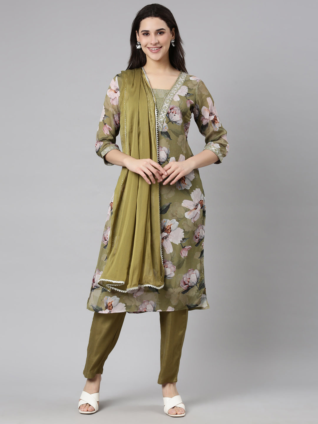 Neerus Green Regular Straight Floral Kurta And  Trousers With Dupatta