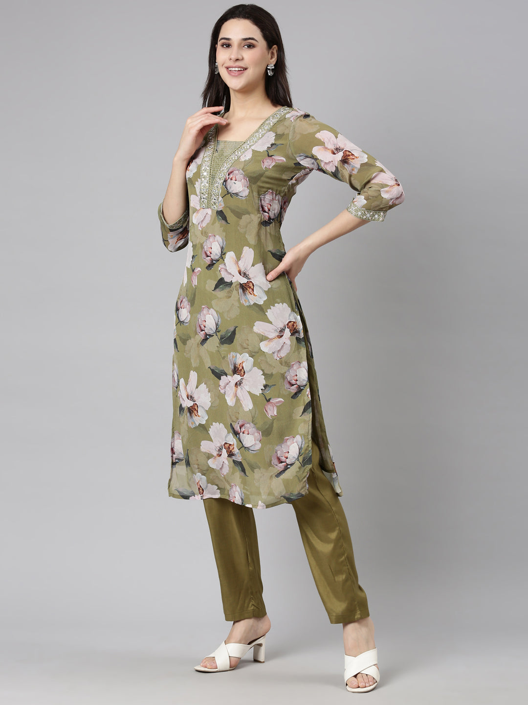 Neerus Green Regular Straight Floral Kurta And  Trousers With Dupatta