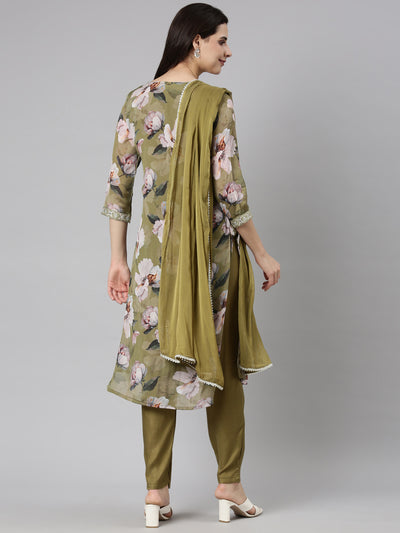 Neerus Green Regular Straight Floral Kurta And  Trousers With Dupatta