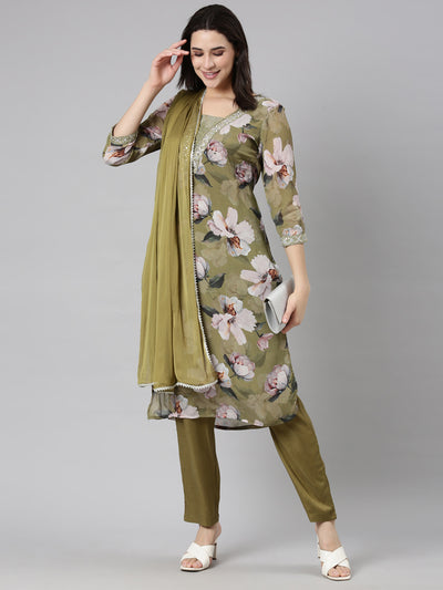 Neerus Green Regular Straight Floral Kurta And  Trousers With Dupatta