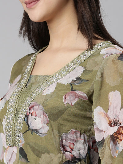 Neerus Green Regular Straight Floral Kurta And  Trousers With Dupatta