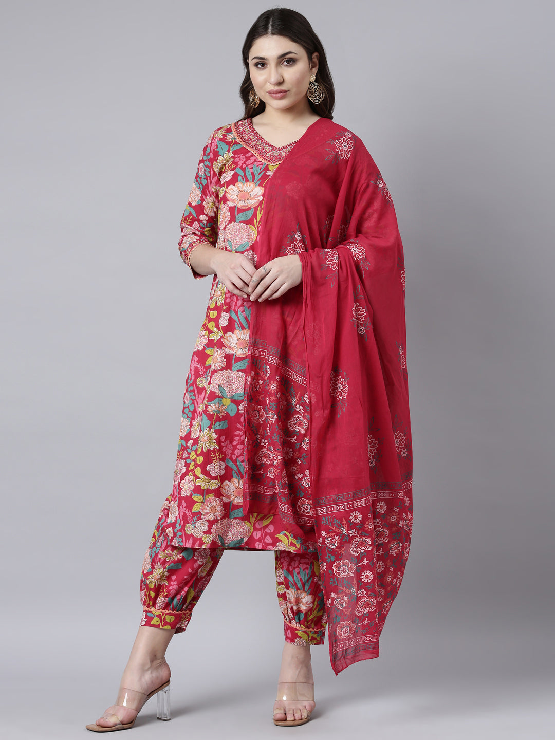 Neerus Red Regular Straight Floral Kurta And Salwar With Dupatta