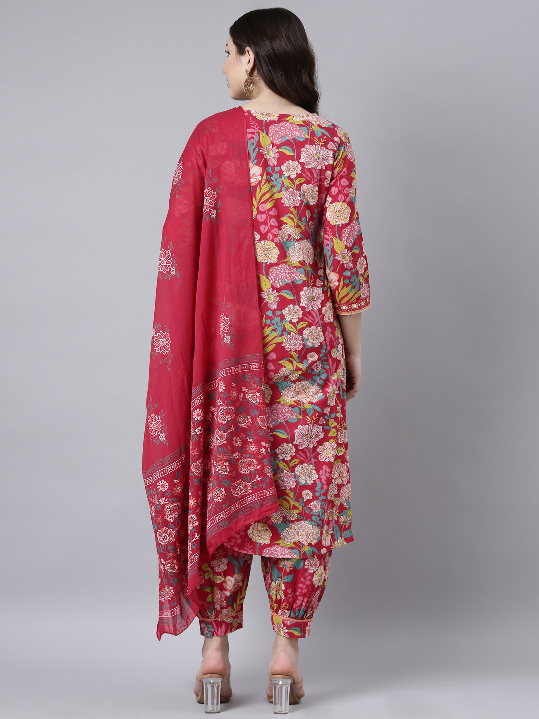 Neerus Red Regular Straight Floral Kurta And Salwar With Dupatta