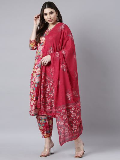 Neerus Red Regular Straight Floral Kurta And Salwar With Dupatta