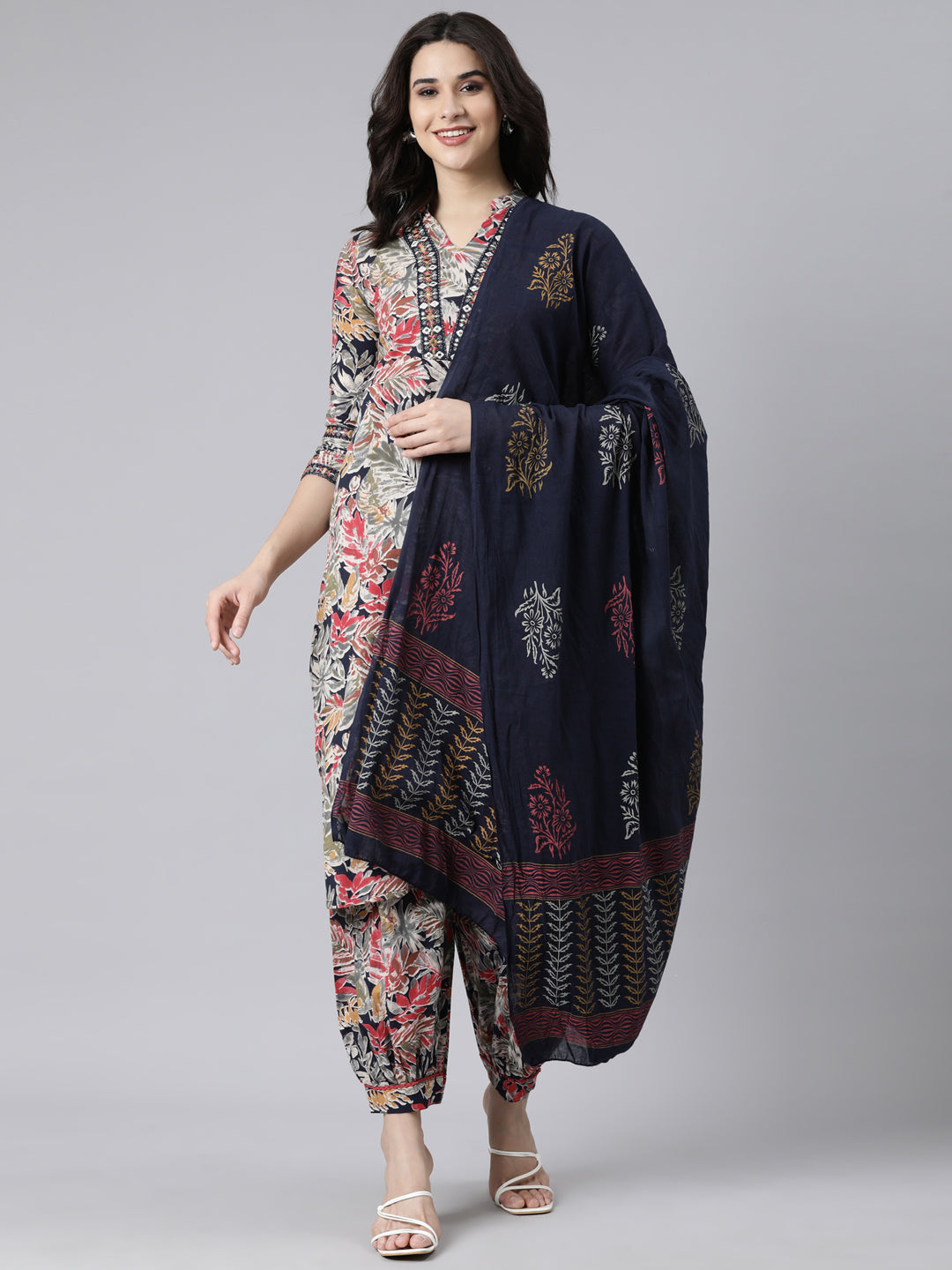 Neerus Navy Blue Regular Straight Floral Kurta And  Salwar With Dupatta