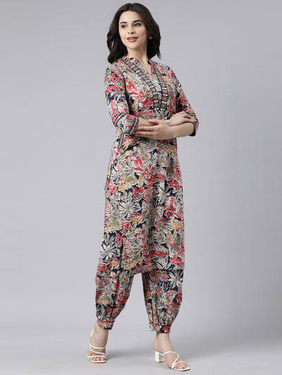 Neerus Navy Blue Regular Straight Floral Kurta And  Salwar With Dupatta