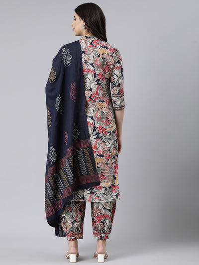 Neerus Navy Blue Regular Straight Floral Kurta And  Salwar With Dupatta