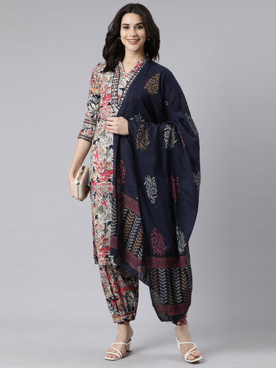 Neerus Navy Blue Regular Straight Floral Kurta And  Salwar With Dupatta