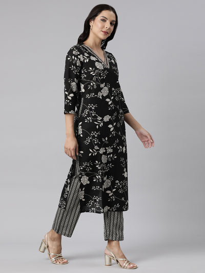 Neerus Black Panelled Straight Printed Kurta And Trousers With Dupatta