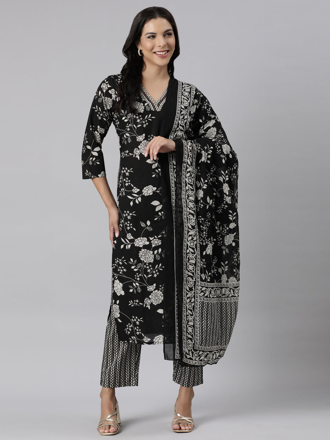 Neerus Black Panelled Straight Printed Kurta And Trousers With Dupatta