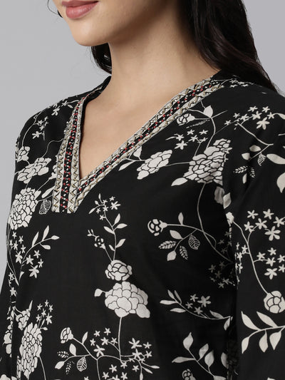 Neerus Black Panelled Straight Printed Kurta And Trousers With Dupatta