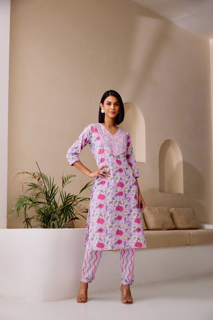 Neerus Lilac Straight Embellished Kurta And Trousers With Dupatta