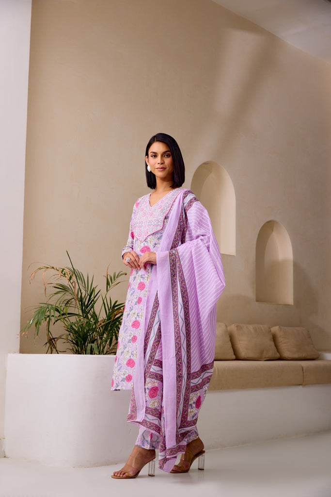 Neerus Lilac Straight Embellished Kurta And Trousers With Dupatta