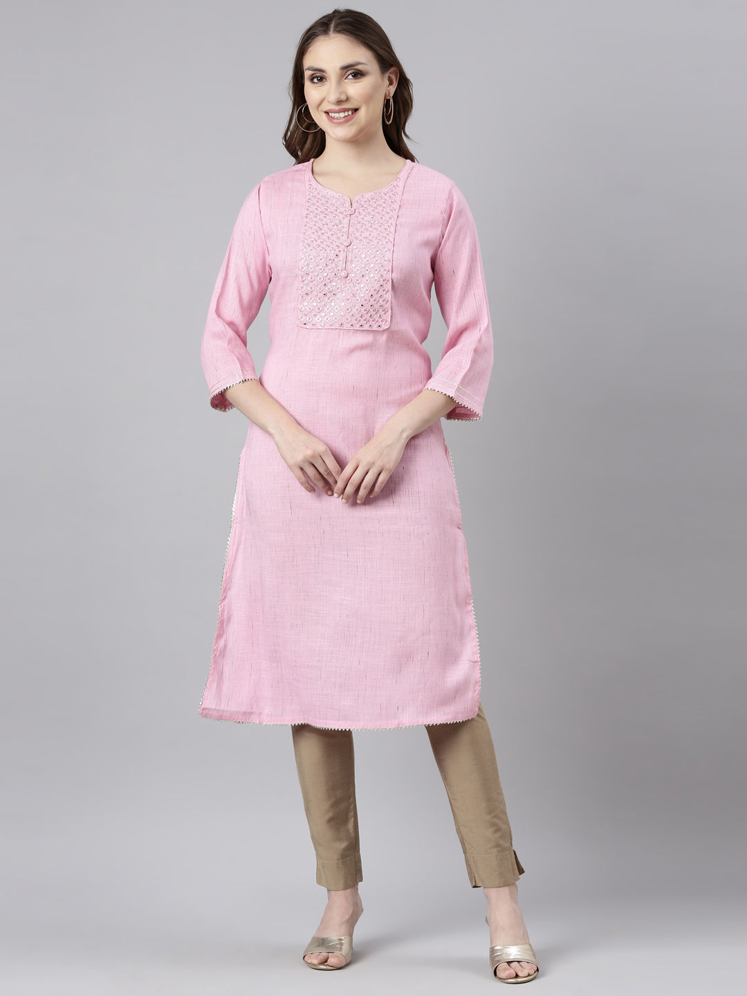 Neerus Pink Regular Straight Solid Kurtas