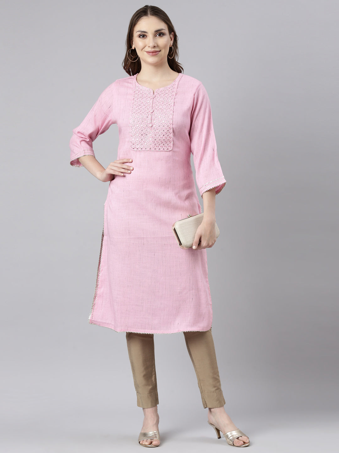 Neerus Pink Regular Straight Solid Kurtas