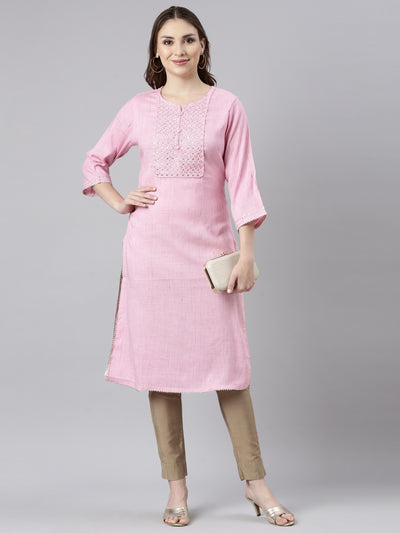 Neerus Pink Regular Straight Solid Kurtas