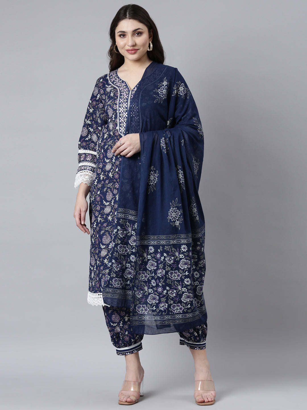 Neerus Navy Blue Regular Straight Floral Kurta And Salwar With Dupatta