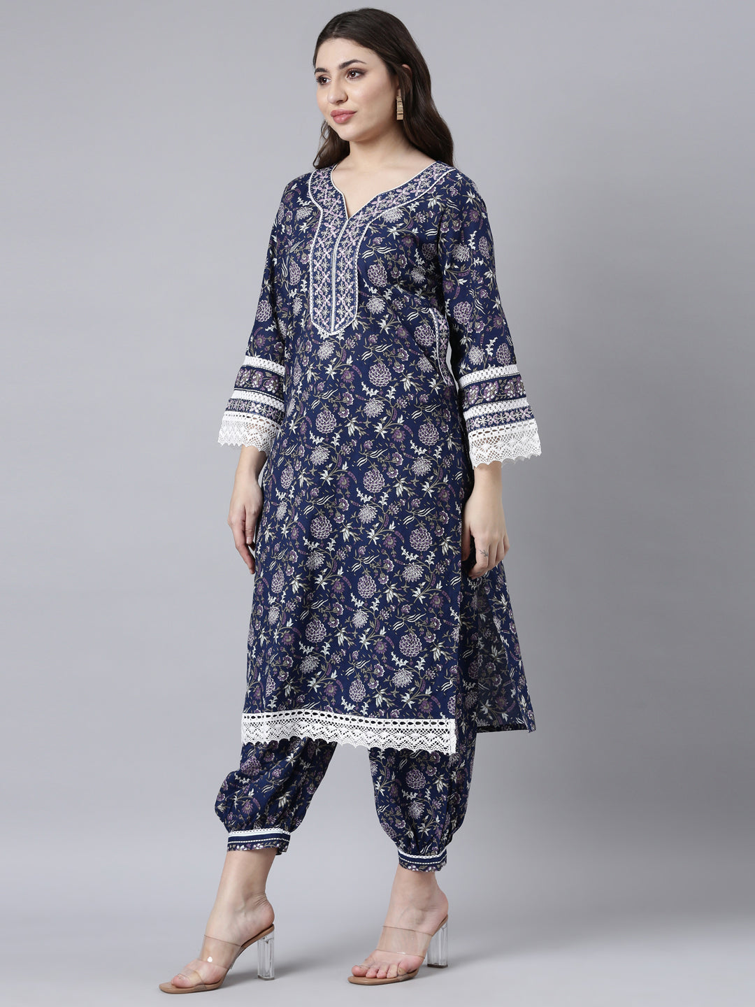 Neerus Navy Blue Regular Straight Floral Kurta And Salwar With Dupatta