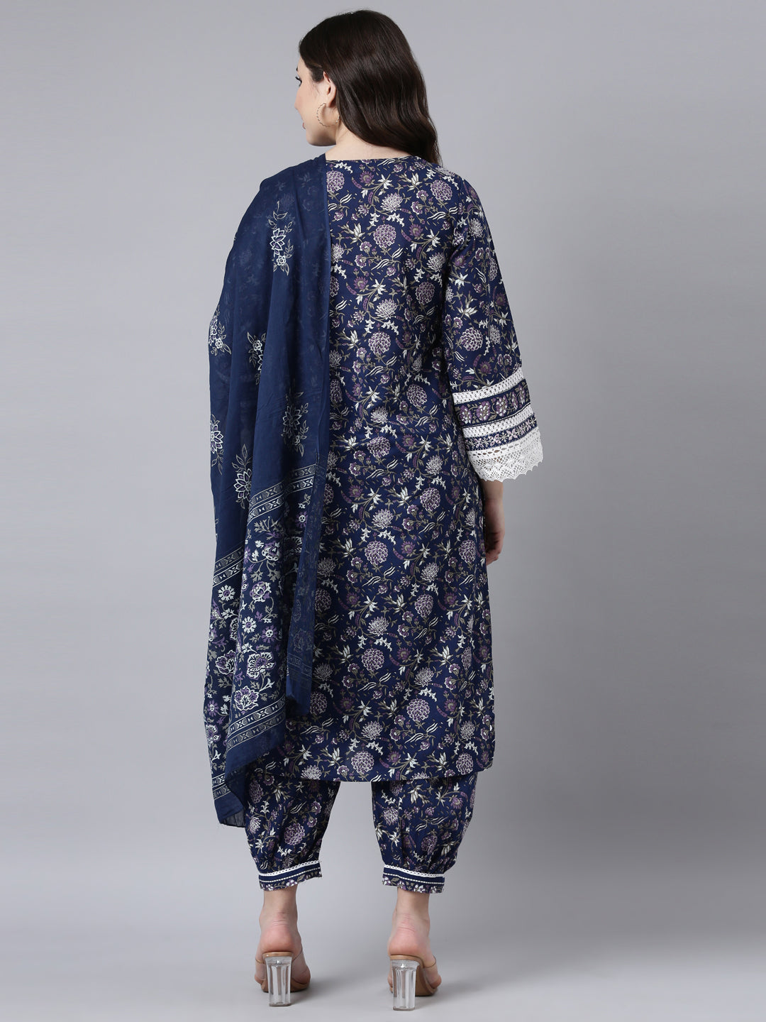 Neerus Navy Blue Regular Straight Floral Kurta And Salwar With Dupatta