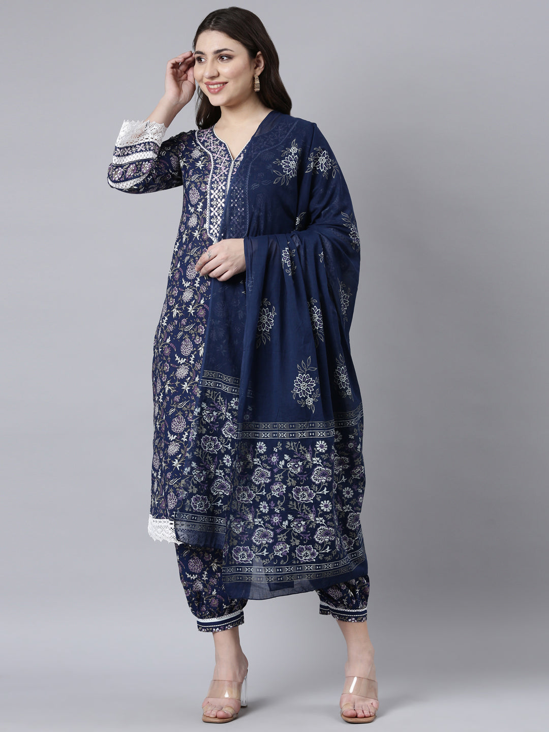 Neerus Navy Blue Regular Straight Floral Kurta And Salwar With Dupatta