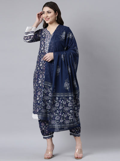 Neerus Navy Blue Regular Straight Floral Kurta And Salwar With Dupatta