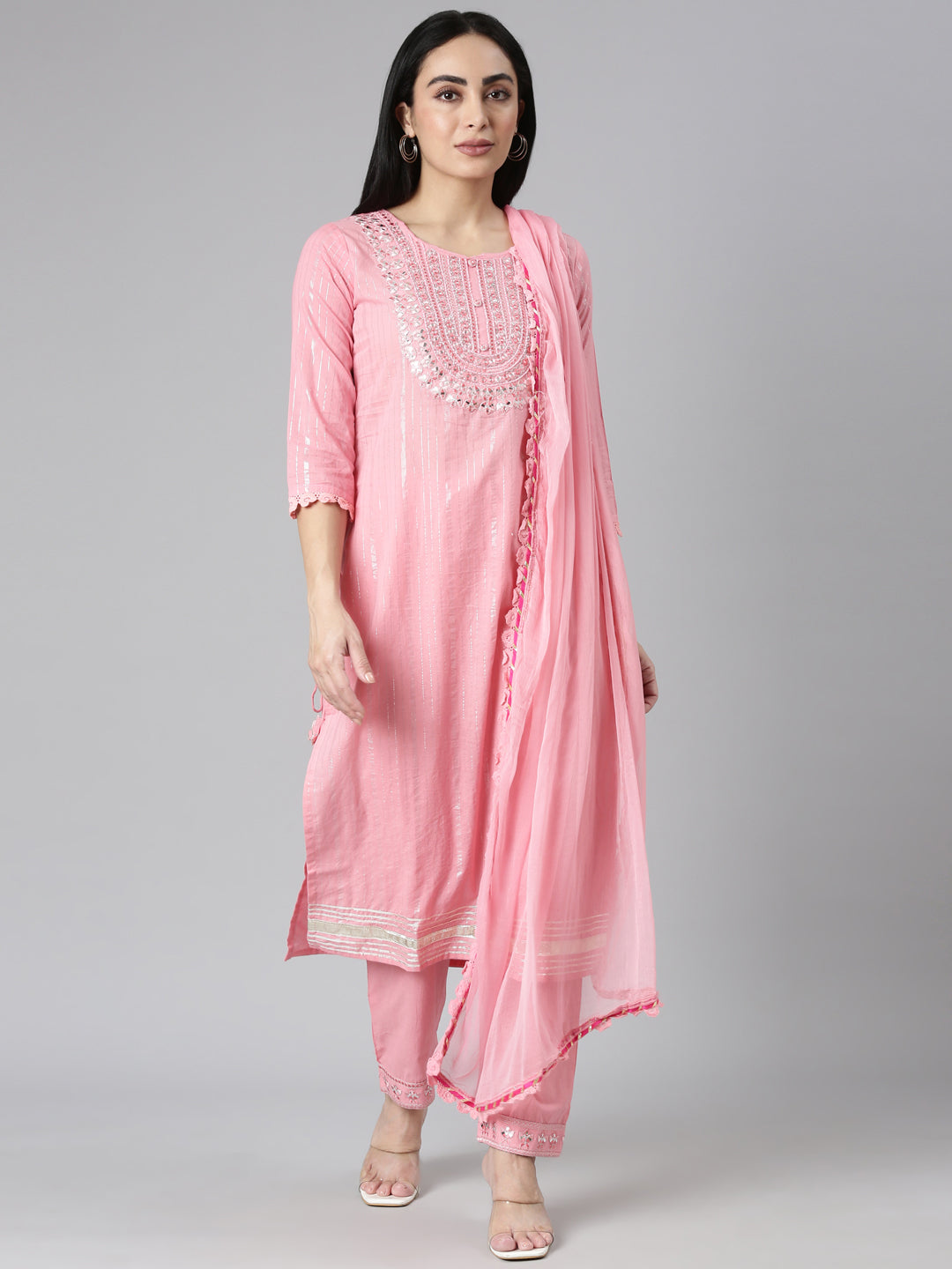 Neerus Pink Regular Straight Printed Kurta and Trousers With Dupatta