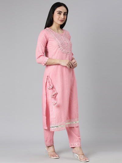 Neerus Pink Regular Straight Printed Kurta and Trousers With Dupatta