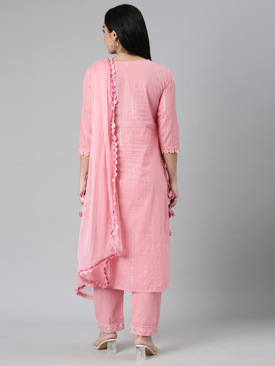 Neerus Pink Regular Straight Printed Kurta and Trousers With Dupatta