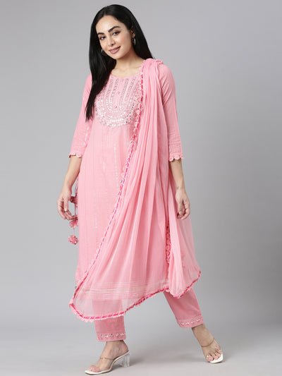 Neerus Pink Regular Straight Printed Kurta and Trousers With Dupatta