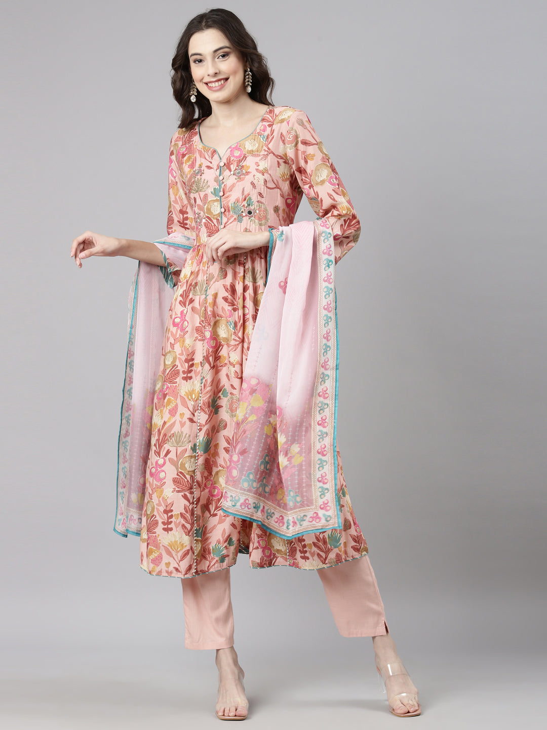 Neerus Pink Casual Floral Anarkali Kurta and Trousers With Dupatta