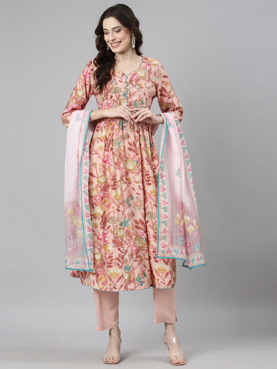 Neerus Pink Casual Floral Anarkali Kurta and Trousers With Dupatta