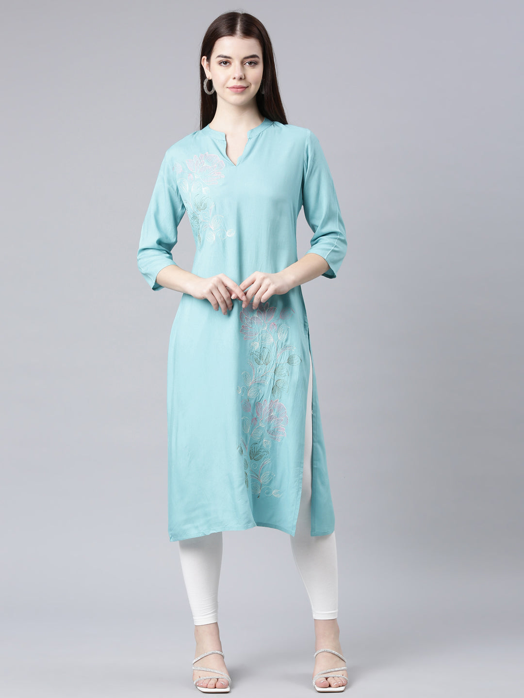 Neerus Turquoise Blue Straight Casual Floral Straight Kurtas