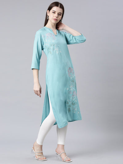 Neerus Turquoise Blue Straight Casual Floral Straight Kurtas