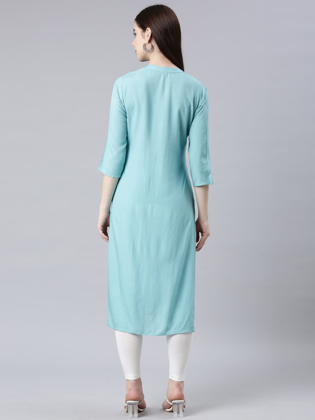 Neerus Turquoise Blue Straight Casual Floral Straight Kurtas