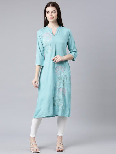 Neerus Turquoise Blue Straight Casual Floral Straight Kurtas