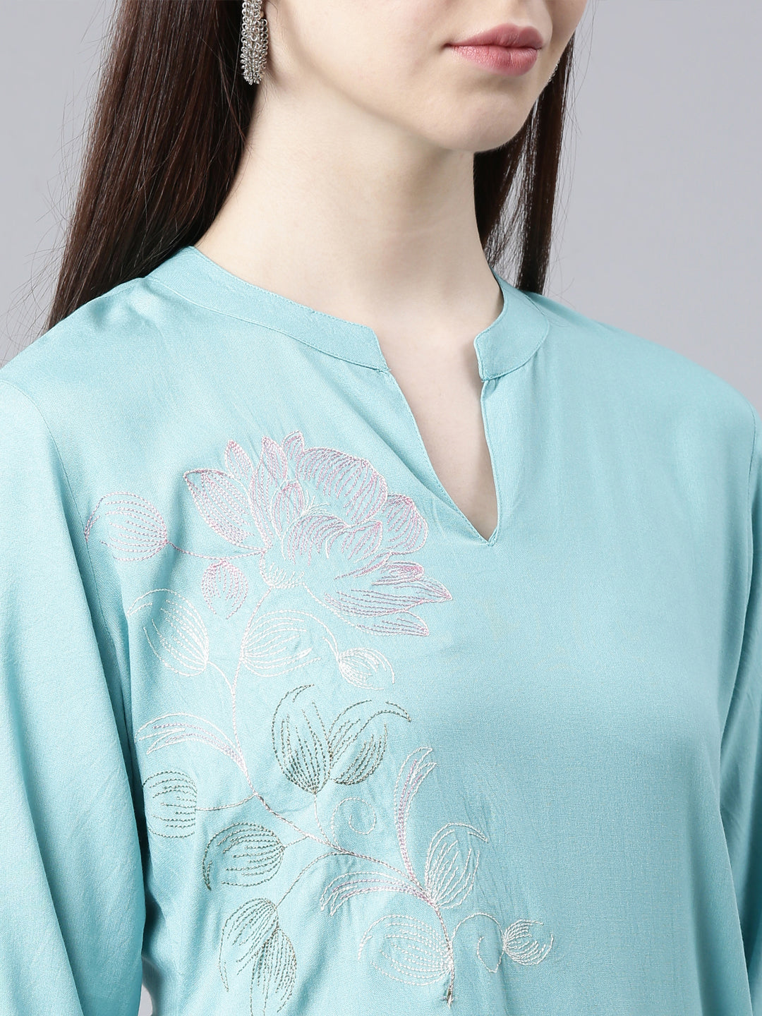 Neerus Turquoise Blue Straight Casual Floral Straight Kurtas