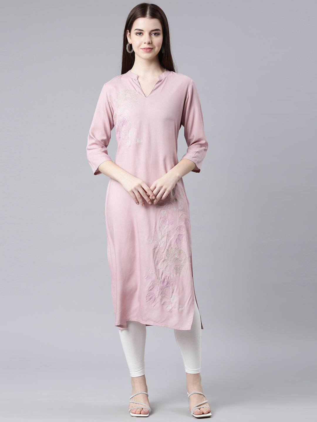 Neerus Pink Straight Casual Floral Straight Kurtas