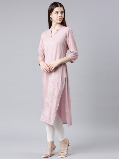 Neerus Pink Straight Casual Floral Straight Kurtas