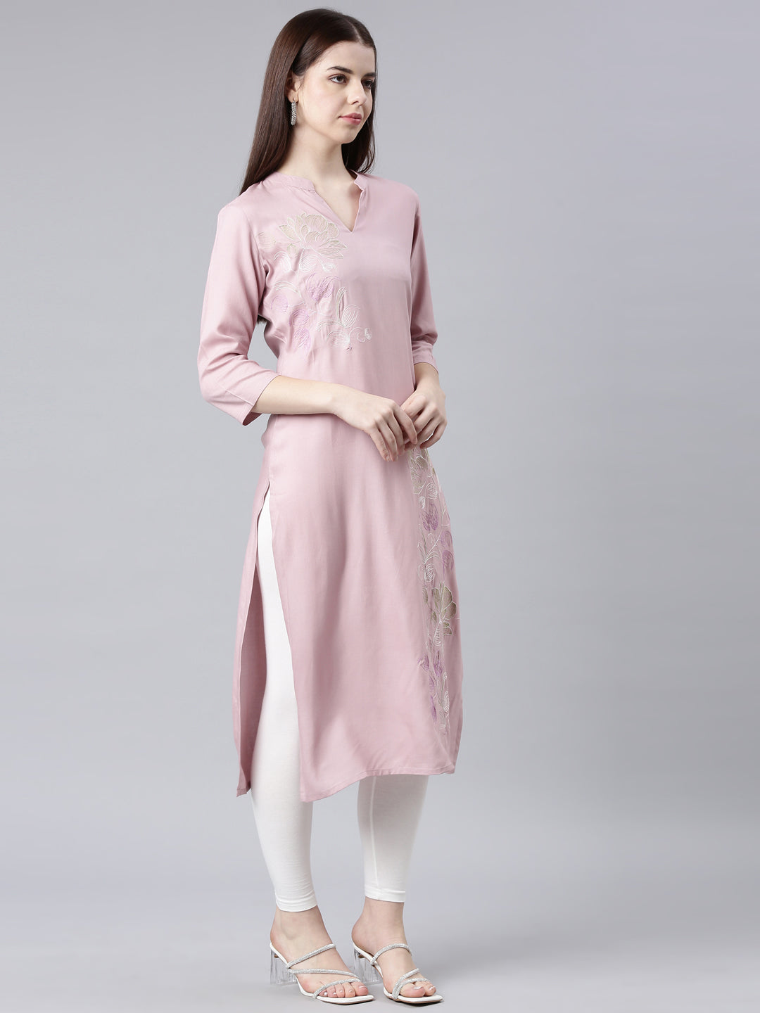 Neerus Pink Straight Casual Floral Straight Kurtas