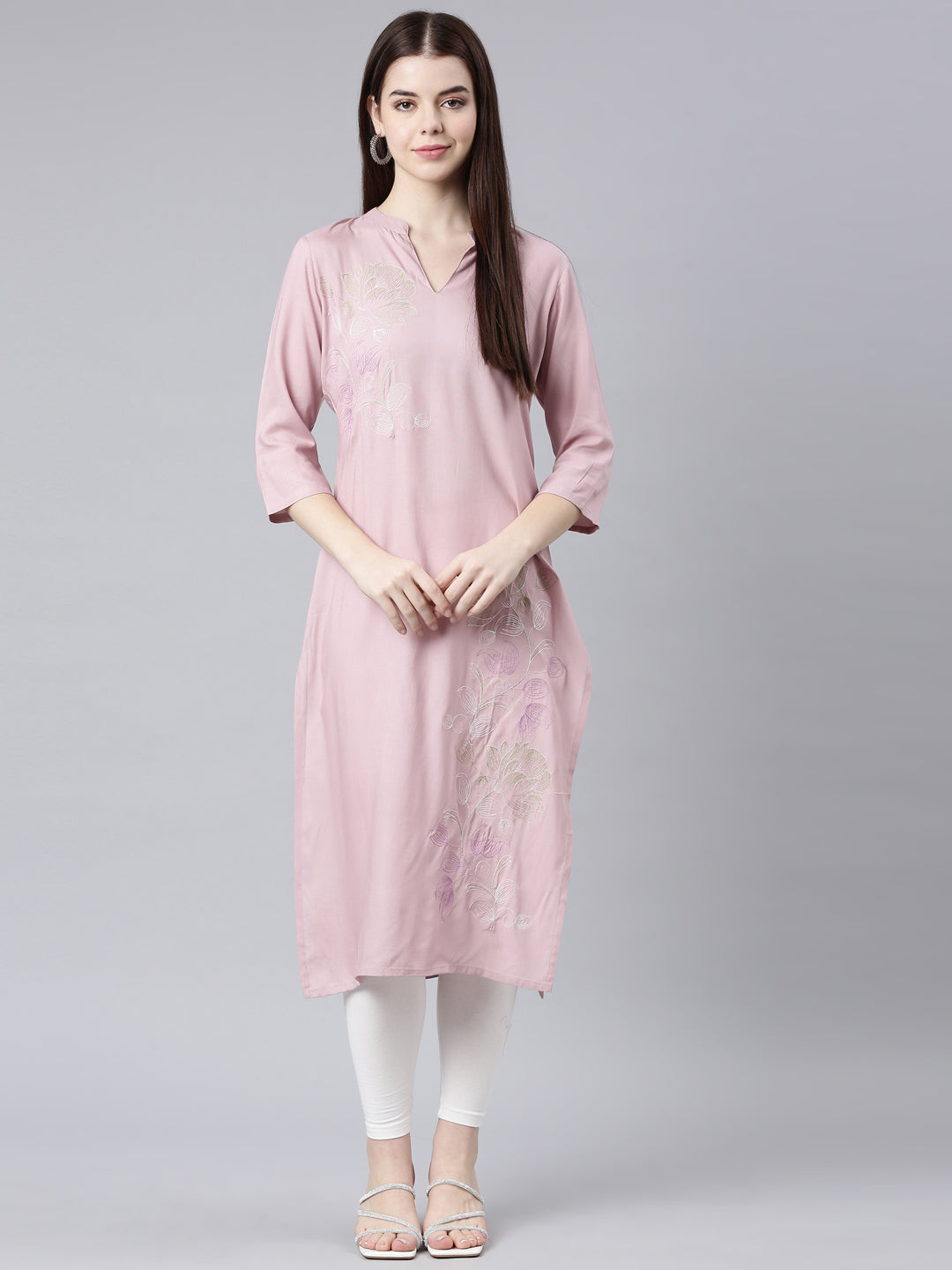 Neerus Pink Straight Casual Floral Straight Kurtas