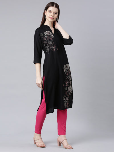 Neerus Black Straight Casual Floral Straight Kurtas