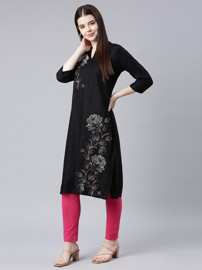 Neerus Black Straight Casual Floral Straight Kurtas