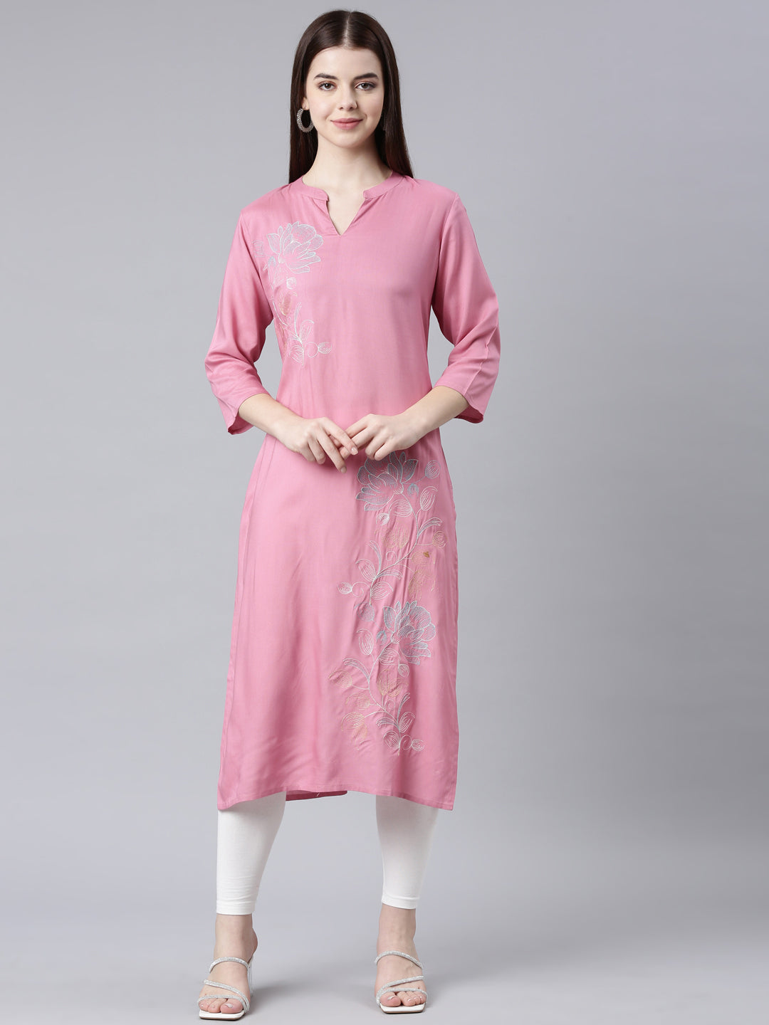 Neerus Pink Straight Casual Floral Straight Kurtas