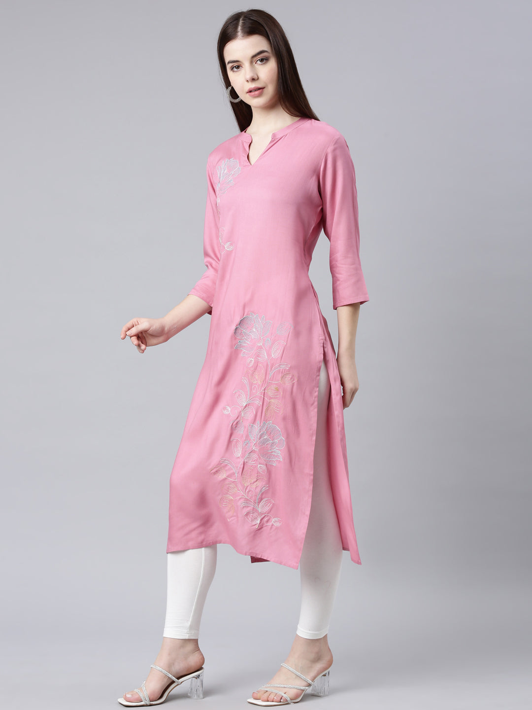 Neerus Pink Straight Casual Floral Straight Kurtas