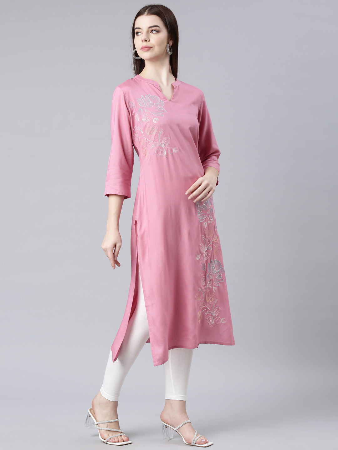 Neerus Pink Straight Casual Floral Straight Kurtas