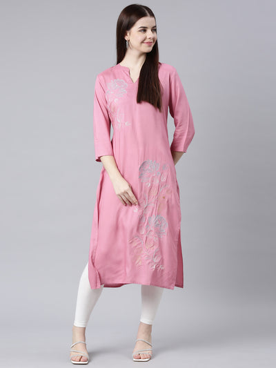 Neerus Pink Straight Casual Floral Straight Kurtas