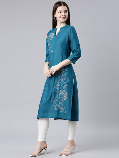 Neerus Green Straight Casual Floral Straight Kurtas