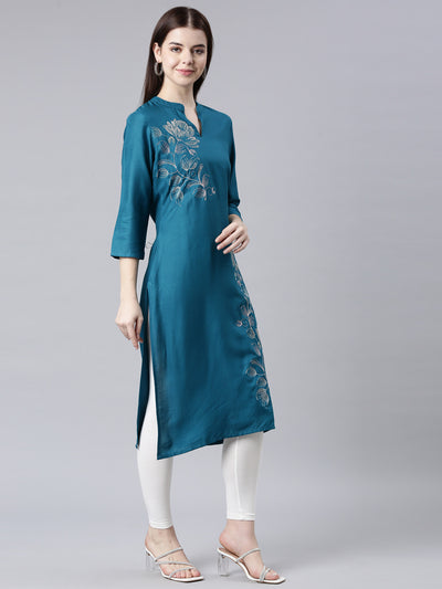 Neerus Green Straight Casual Floral Straight Kurtas